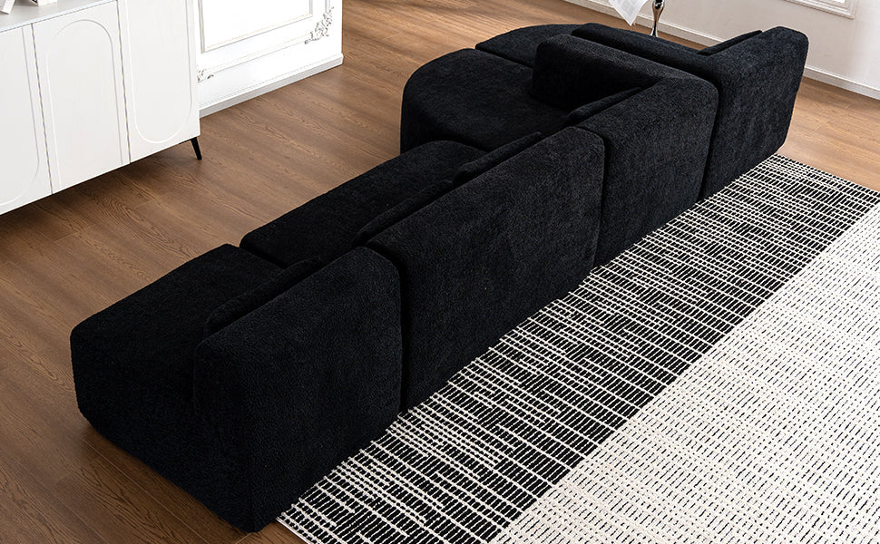 144' Upholstered Sofa Free-combined Sofa Couch with Two Chaise Lounge and Five Back Pillows for Living Room(Old SKU: N719S001600B), Black