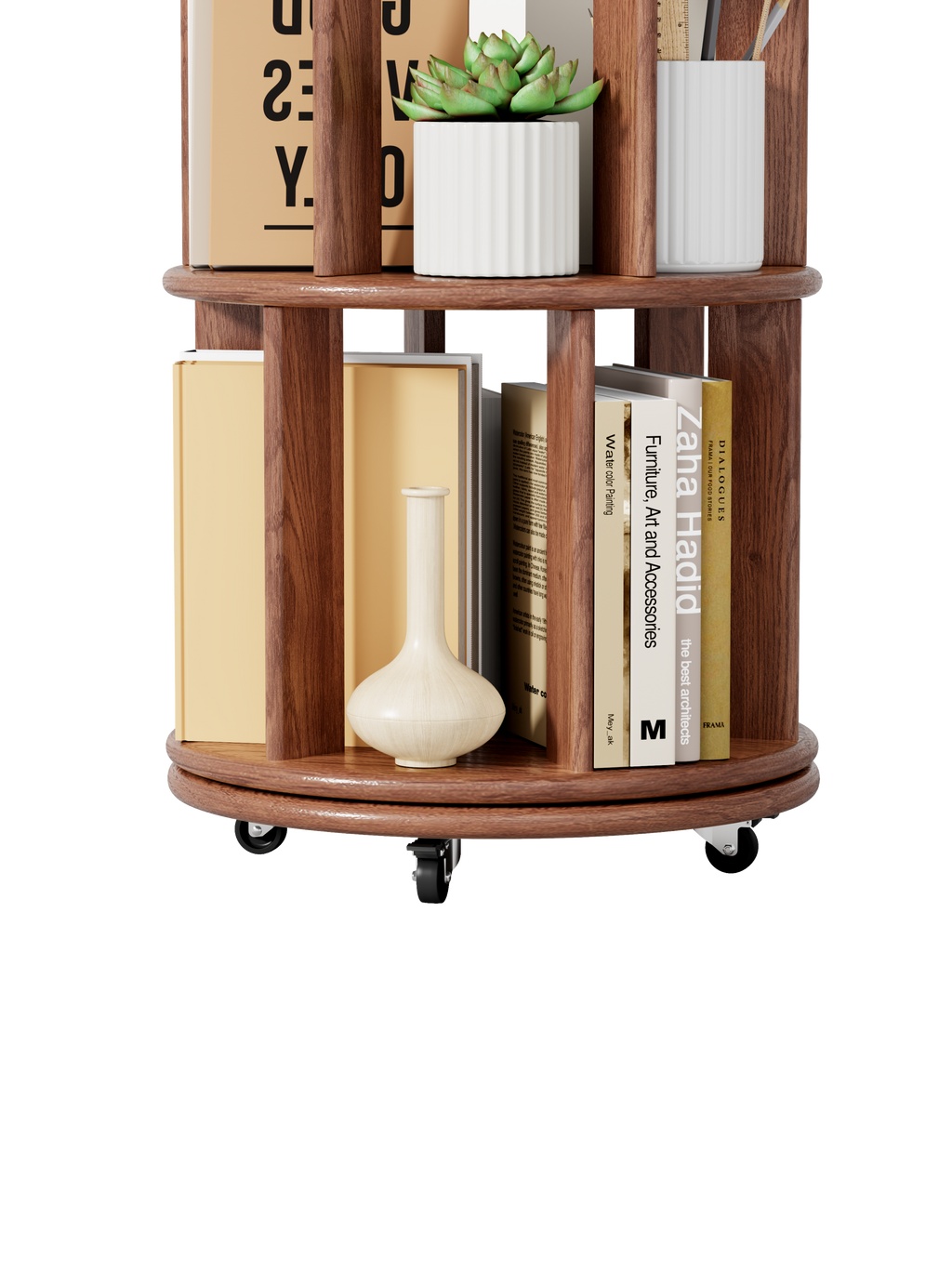 100%Solid Wood Rotating Bookshelf on Wheels,5 Tier, Round Revolving Bookcase, 360° Spinning Book Shelf Tower for Kids, Narrow Rolling Bookshelves for Small Space, Corner, Bedroom, Office, Walnut
