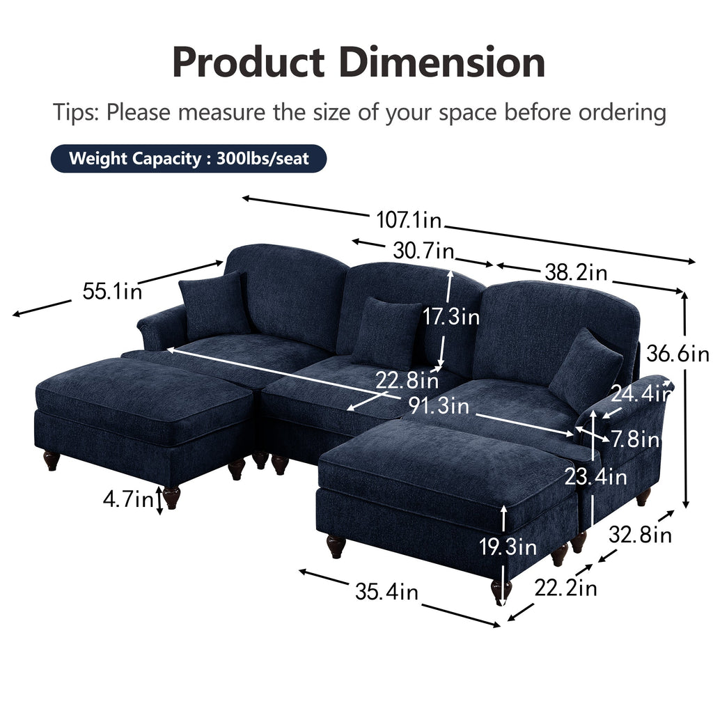 Classic Comfy Modular U Shape Sectional Sofa Couch with Flared Arms and Removable Ruffles Pleats Skirts and Spindle Legs, Upholstered Chenille Deep Seat Cloud Sofa with Movable Ottomans, Blue