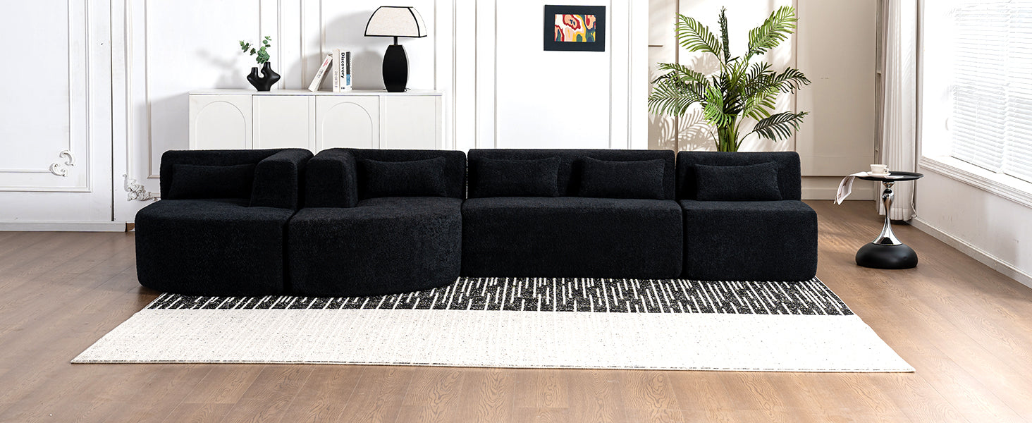 144' Upholstered Sofa Free-combined Sofa Couch with Two Chaise Lounge and Five Back Pillows for Living Room(Old SKU: N719S001600B), Black