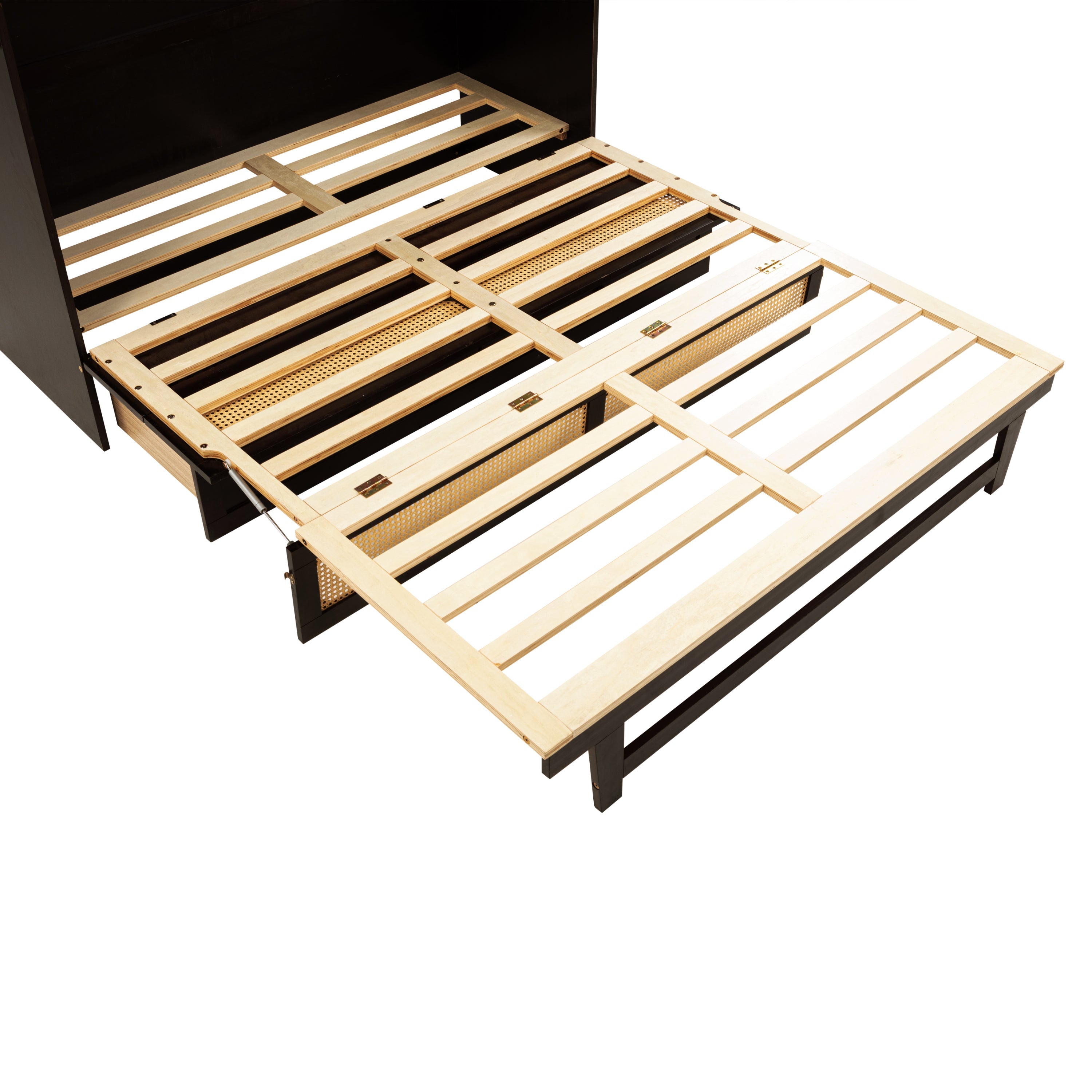 Queen Size Murphy Bed, Pine Wood Cabinet Bed with Rattan Decoration and Storage Drawer,Espresso