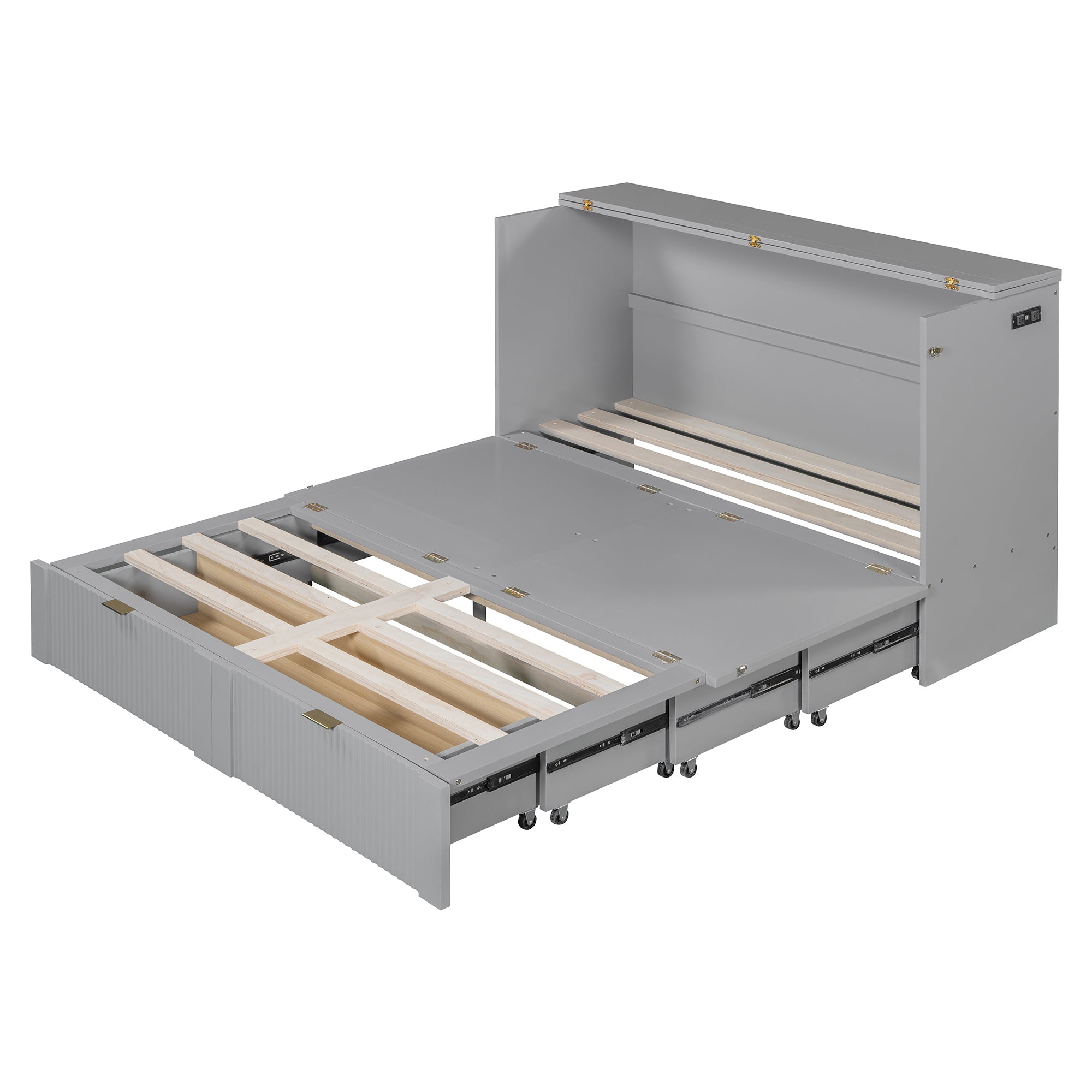 Queen Size Murphy  Bed with drawer and a set of Sockets & USB Ports, Pulley Structure Design, Gray