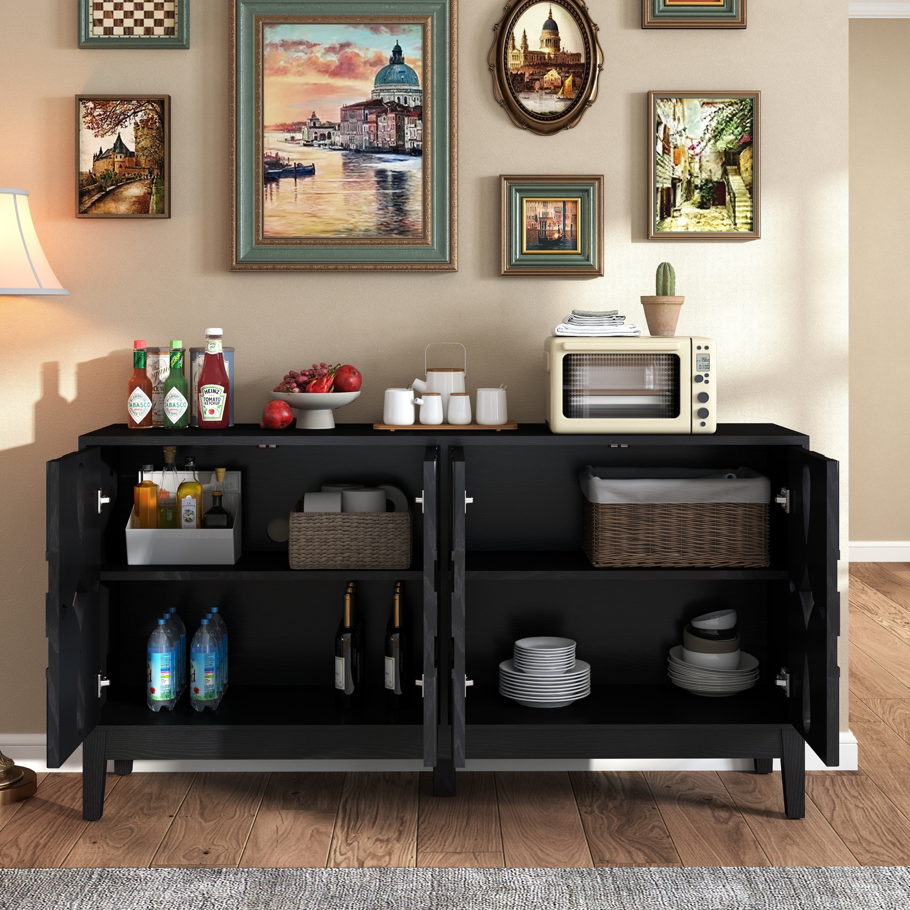 60.5' Mid Century Modern Sideboard Buffet Cabinet with Storage, TV Media Console Table, Storage Cabinet with 4 Doors & Adjustable Shelves for Kitchen Dining Living Room Entryway, Black