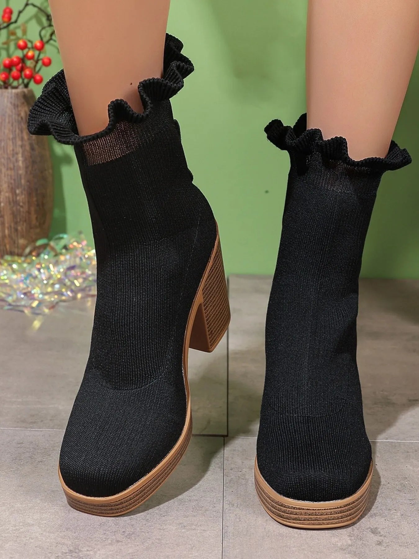 Ruffled Trim Chunky Heel Boots