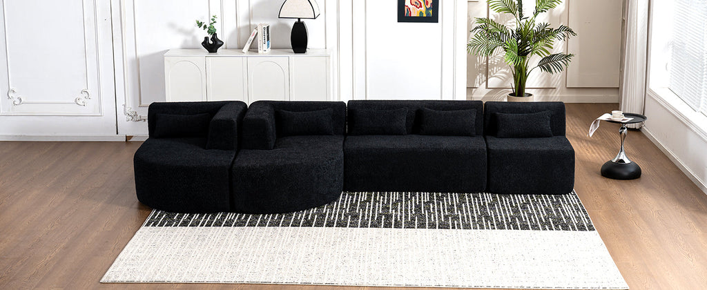 144' Upholstered Sofa Free-combined Sofa Couch with Two Chaise Lounge and Five Back Pillows for Living Room(Old SKU: N719S001600B), Black