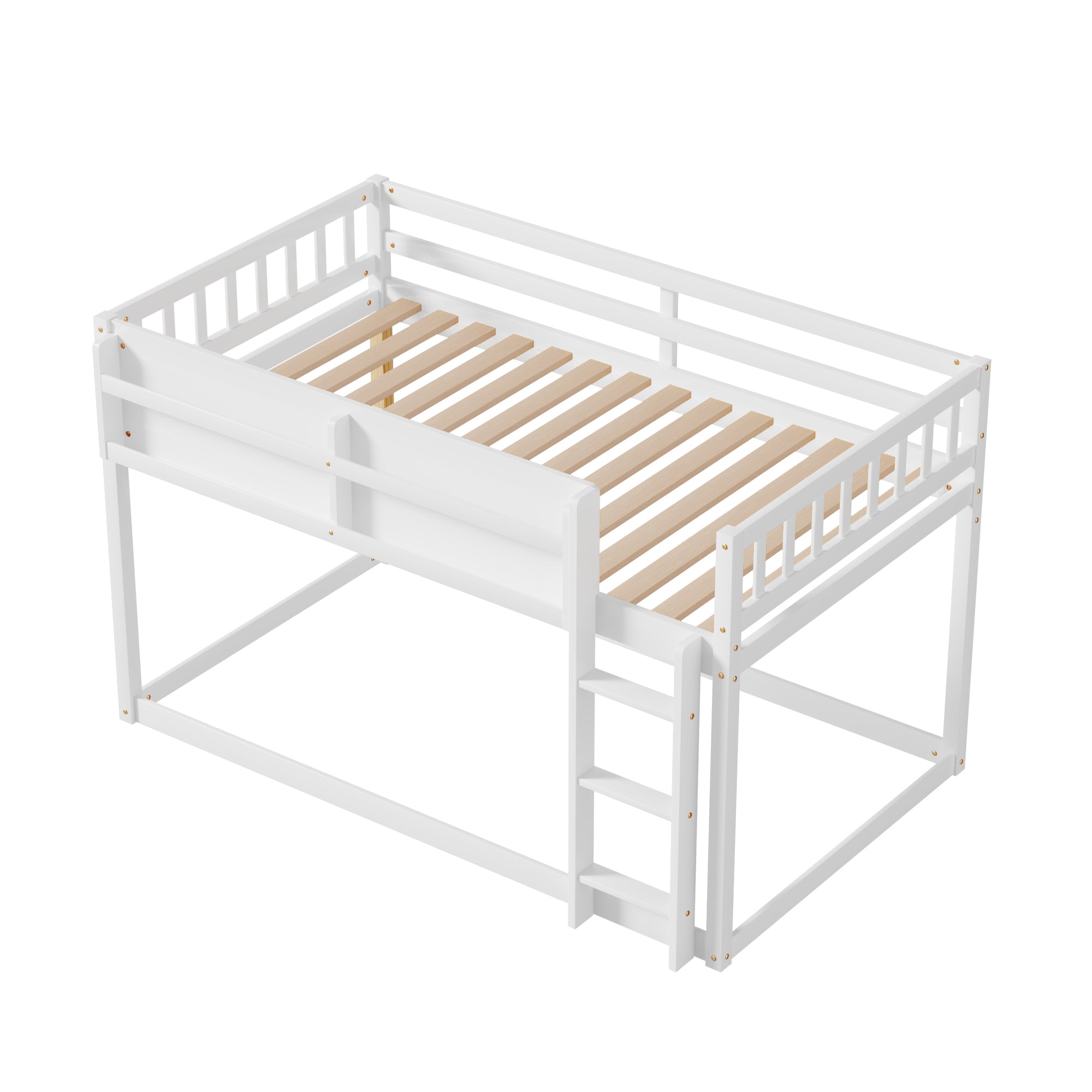 Low Twin Over Twin Bunk Bed, Floor Bunk Bed with Ladder, Solid Wood Twin Bunk Bed for Kids & Juniors, White(Expect Arrival Date 2025/11/25)