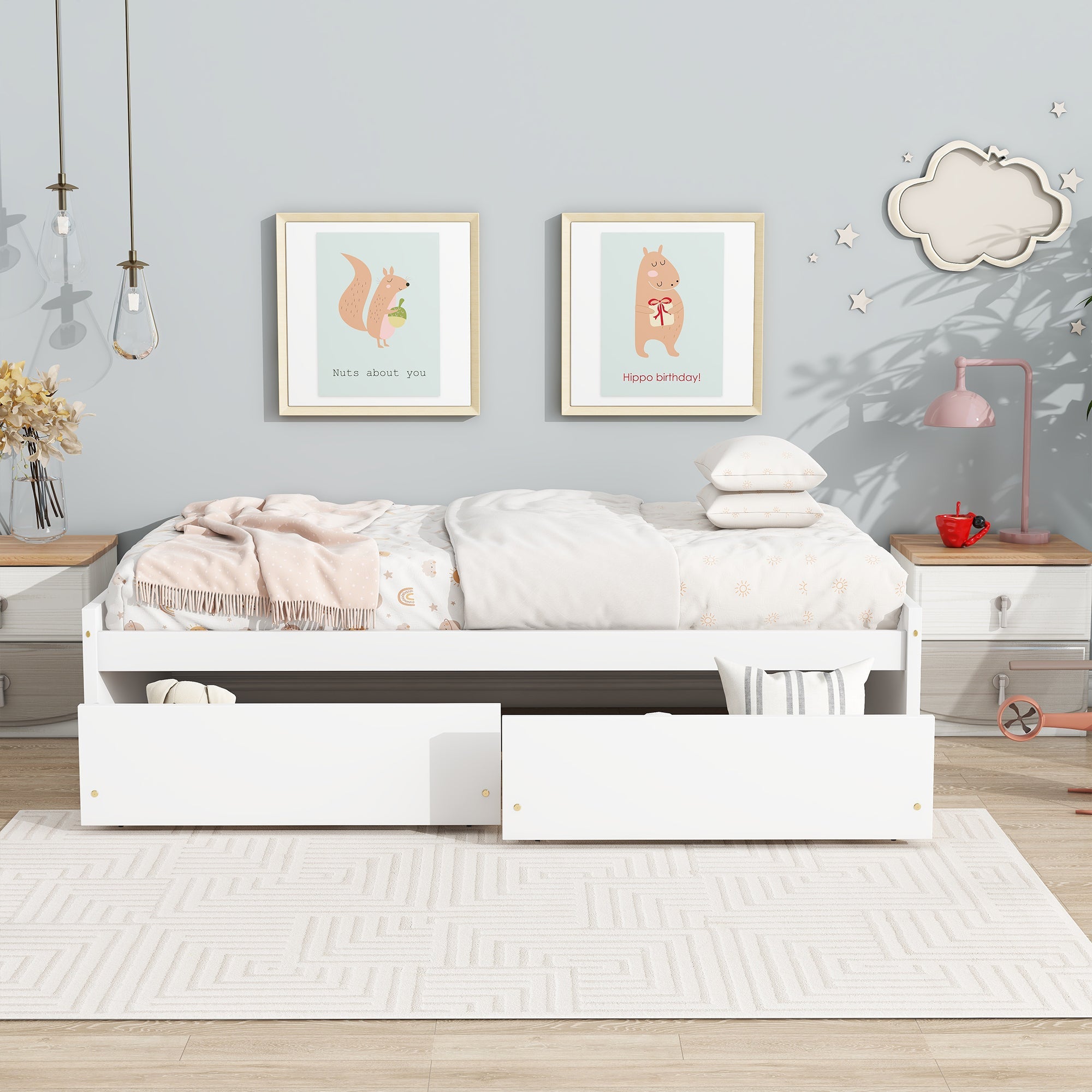 Twin Size Bed with 2 Drawers, Solid Rubber Wood Bed,White