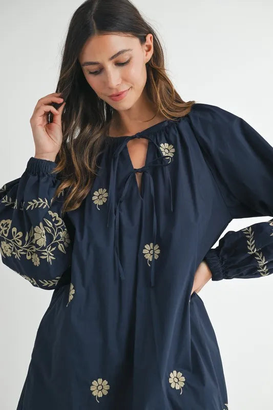 MABLE Embroidered Long Sleeve Peasant Mini Dress
