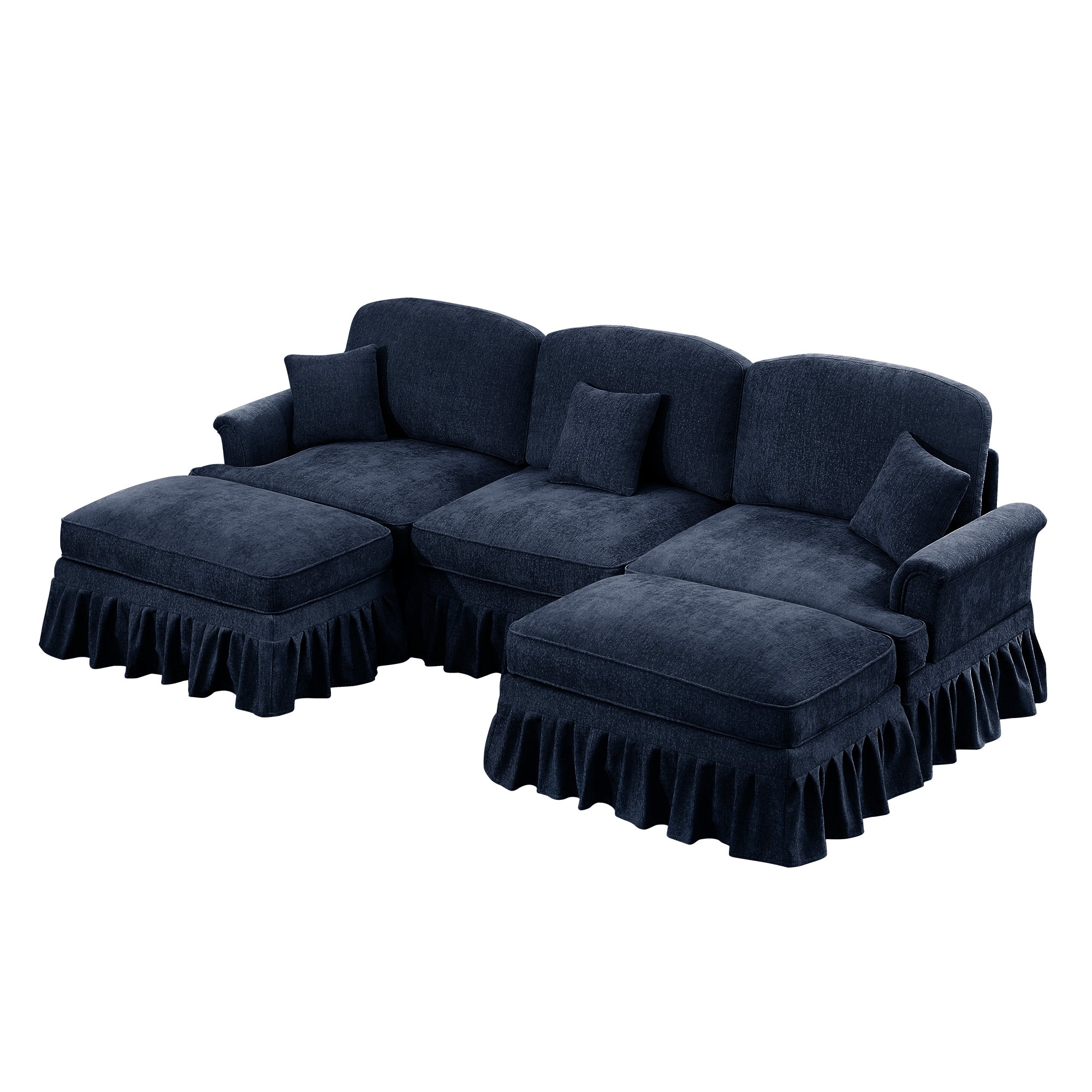Classic Comfy Modular U Shape Sectional Sofa Couch with Flared Arms and Removable Ruffles Pleats Skirts and Spindle Legs, Upholstered Chenille Deep Seat Cloud Sofa with Movable Ottomans, Blue