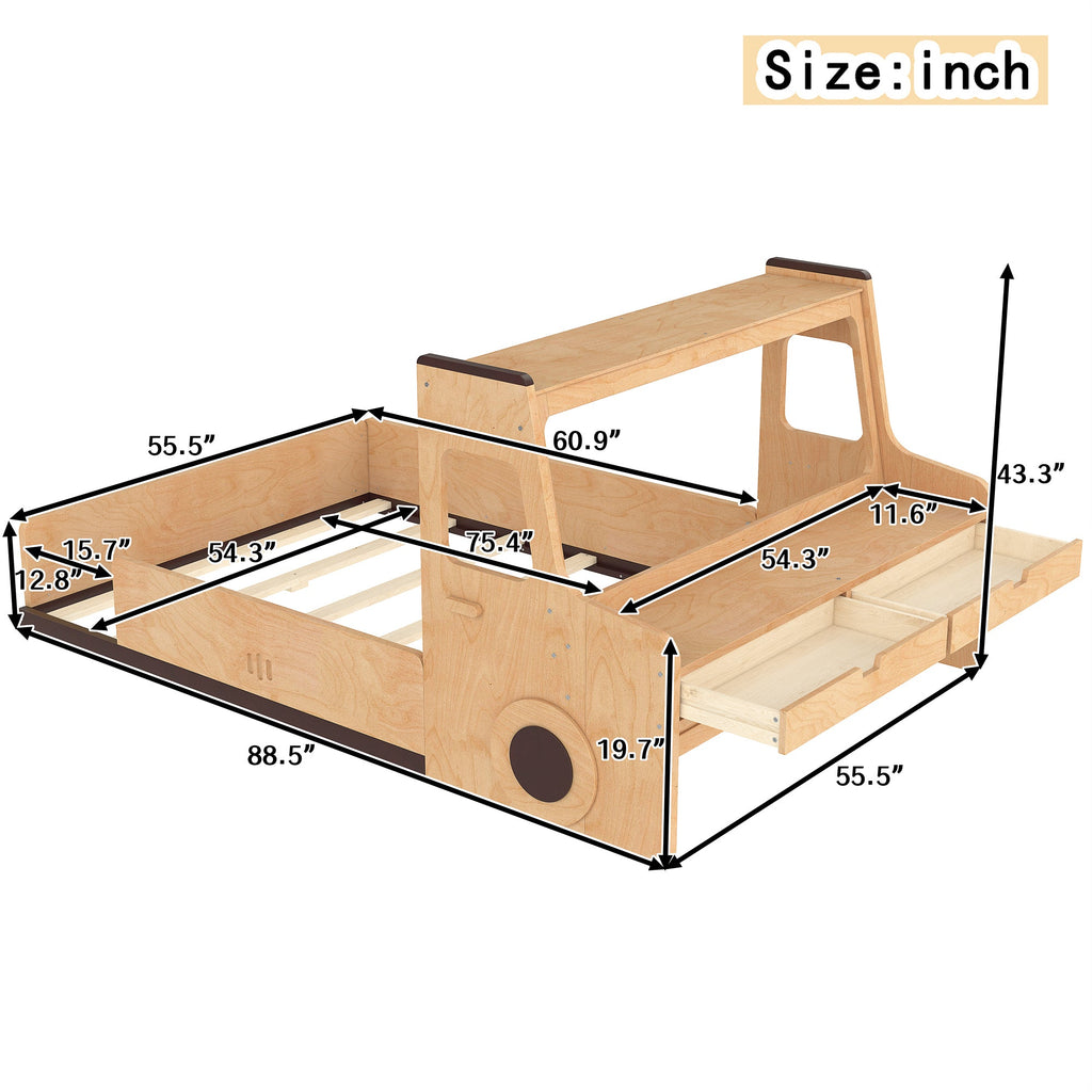 Full Size Floor Bed with Interesting Car-shape Design, Kids Car Floor Bed with Storage Drawers, Window, and Desk, Childlike Design, Natural