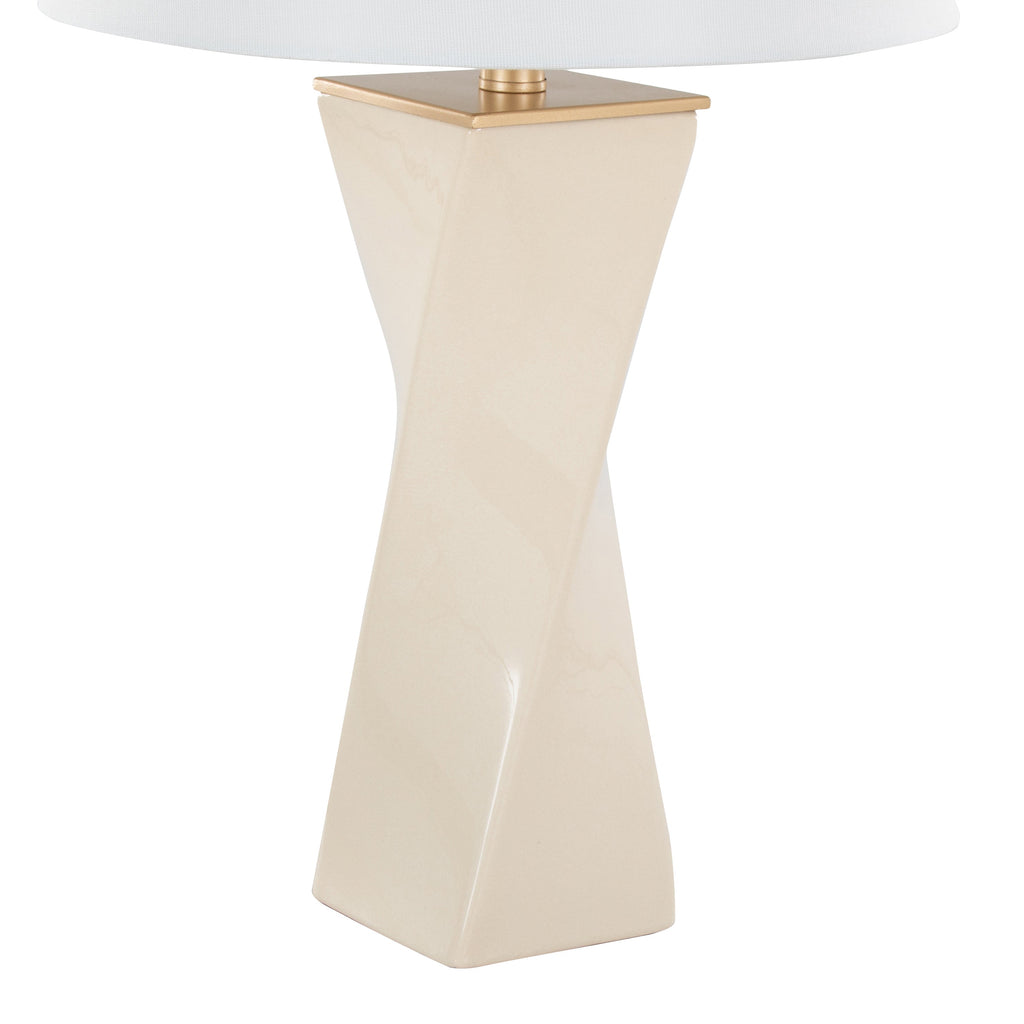 Curvo Square Contemporary 27' Ceramic Table Lamp in Cream Ceramic, Gold Metal, and White Linen by LumiSource
