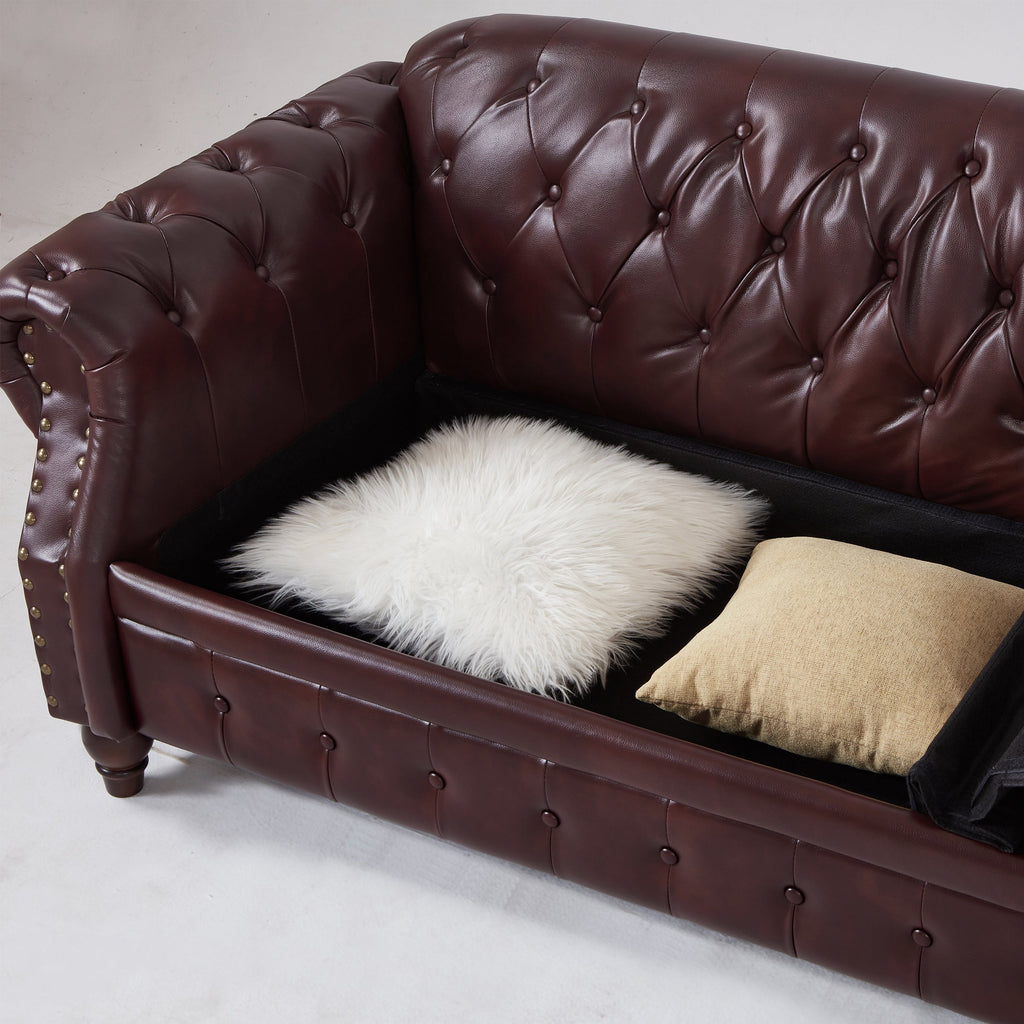 85.8' Living Room Chesterfield Sofa Classic Tufted Design Faux Leather PU Upholstered Sofa with Storage (Burgundy)