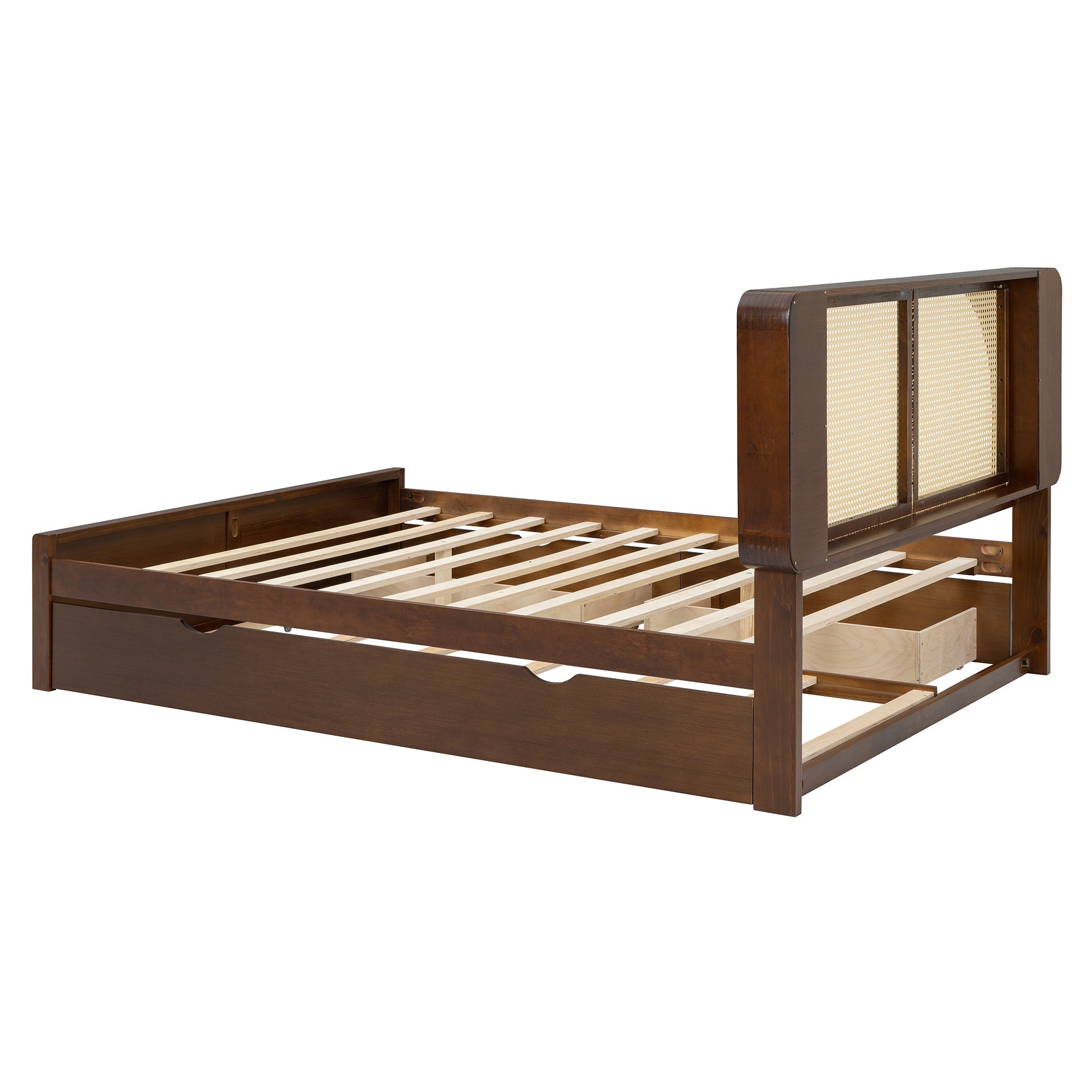 Queen Size Rattan Headboard Bed with Two Drawers and Trundle, Walnut