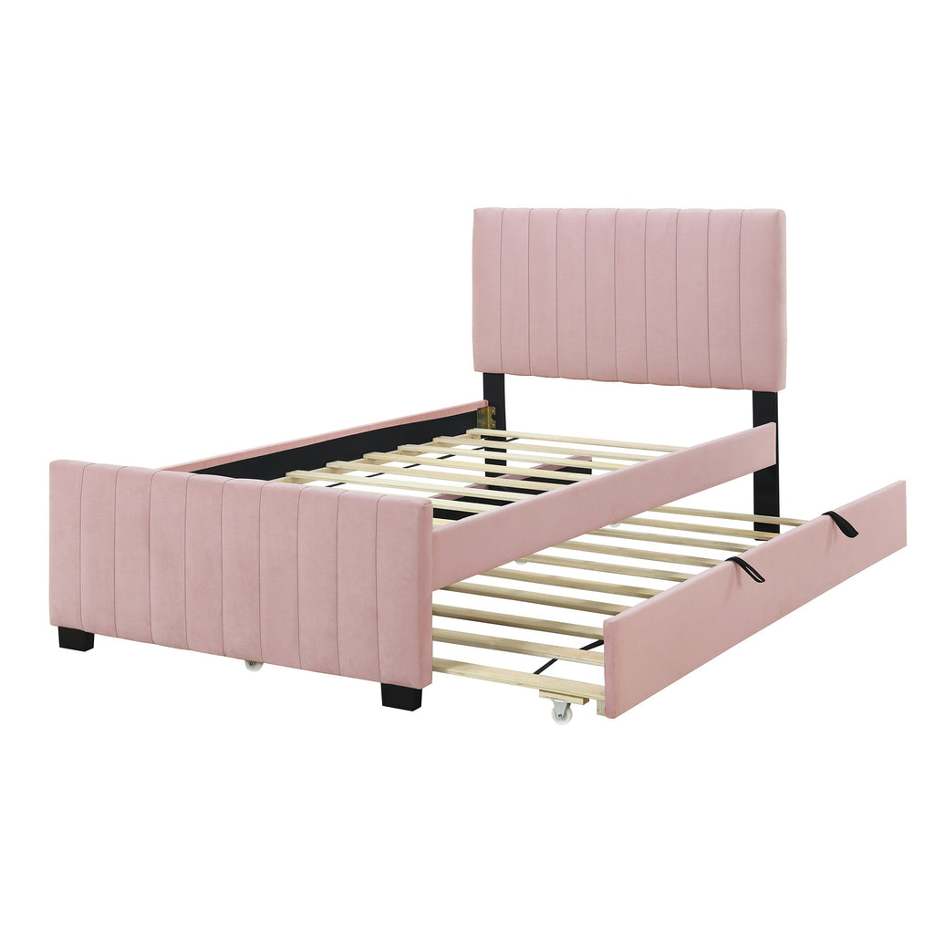 Twin Size Velvet Upholstered Platform Bed with Twin Size Trundle, Pink