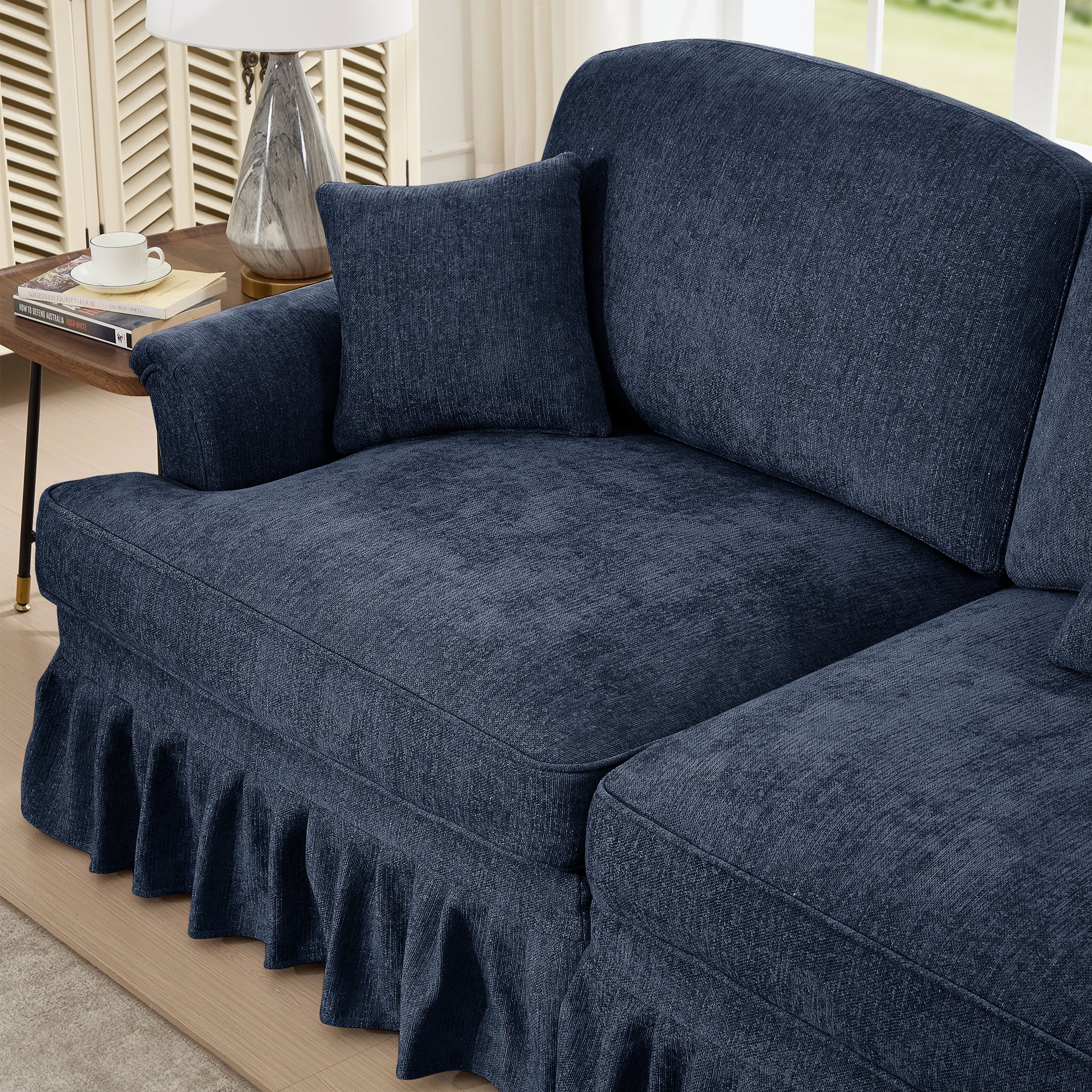 Classic U Shape 4 Seater Modular Sectional Sofa Couch with Flared Arms and Removable Ruffles Pleats Skirts and Spindle Legs, Chenille Deep Seat Cloud Sofa with Movable Ottomans, Blue