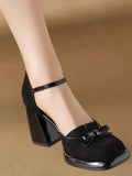 Bow Block Heel Ankle Strap Pumps