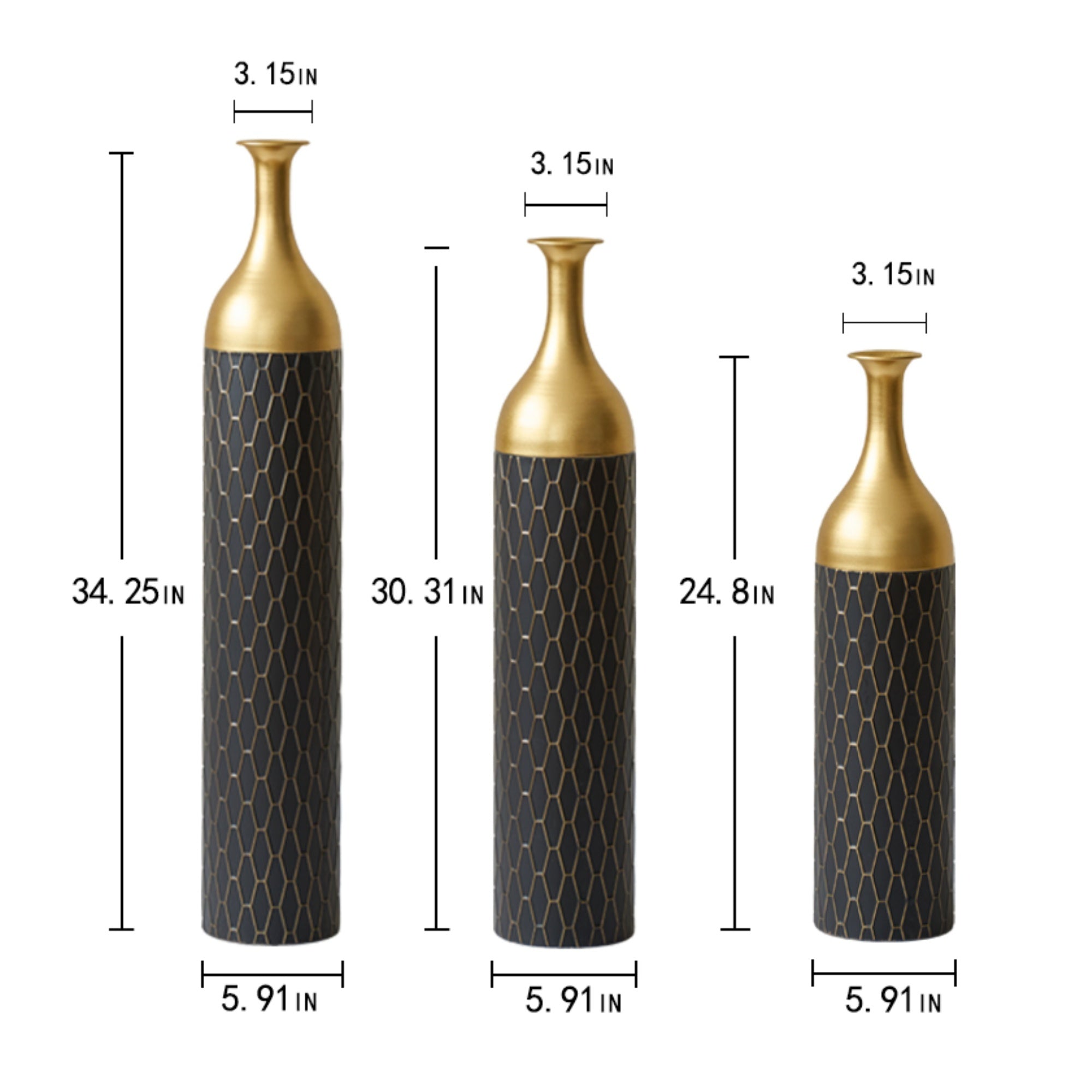 Elegant Floor Vase Set – Gold & Black Metal Decorative Vases – 3-Piece Set for Floral Display, Wedding & Gift Décor