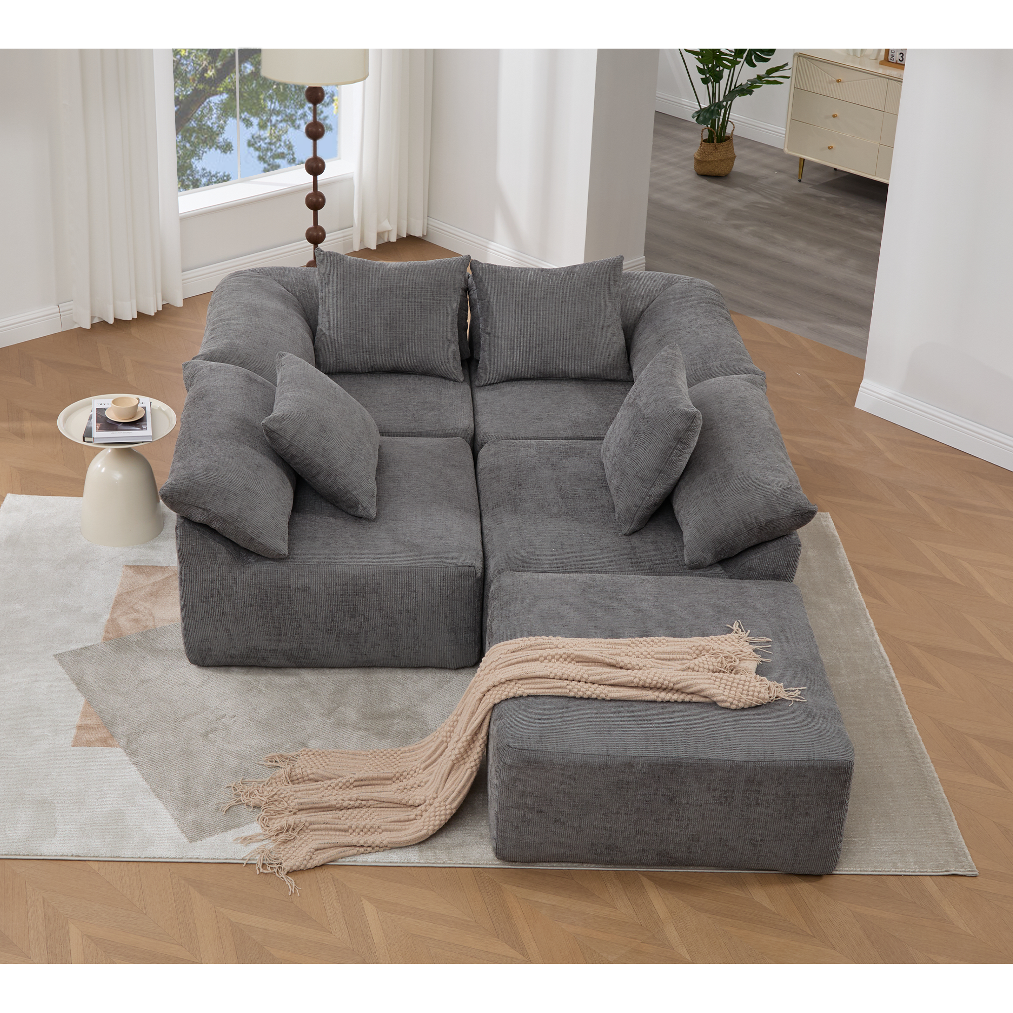 142' L Shaped Modular Sectional Sofa,No Assembly,5 Piece Couch, Convertible Sleeper Couch,Full-Compressed Couch,Free-Combined Couches,5 Seat & Ottoman,Chenille,Gray