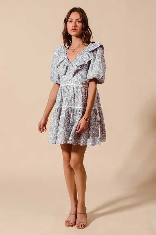SO ME Cotton Printed Ruffle V Neckline Dress with Side Tie