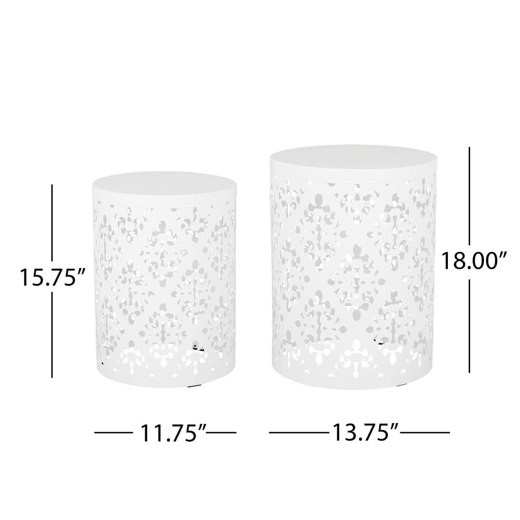 Modern Iron-Cut Design Metal End Table Set of 2 in White