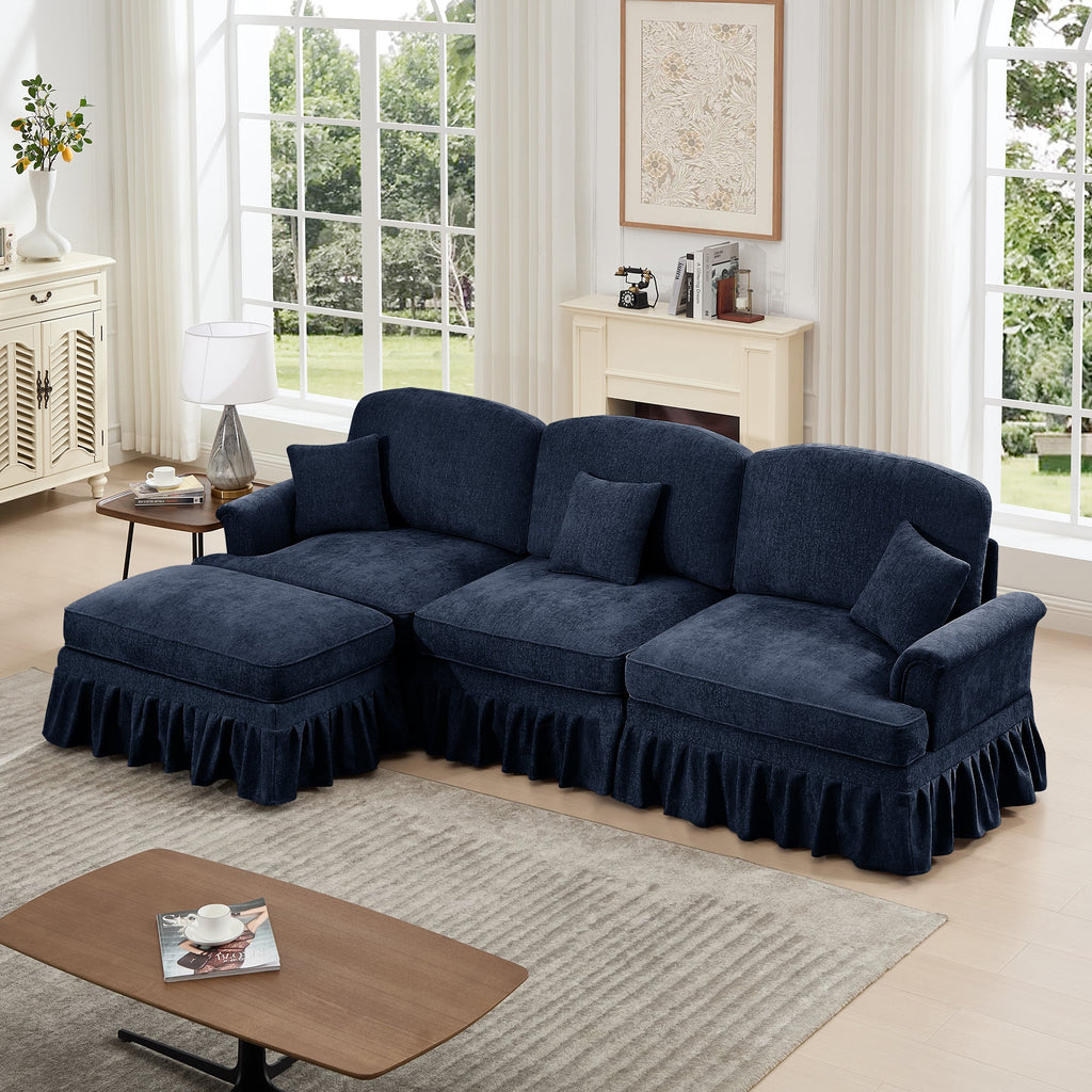 Mid Century Three Seater Modular L Shaped Sectional Couch with Flared Arms and Removable Ruffles Pleats Skirts and Spindle Legs, Comfy Chenille 3-Seat Deep Seat Sofa with Movable Ottoman,Blue