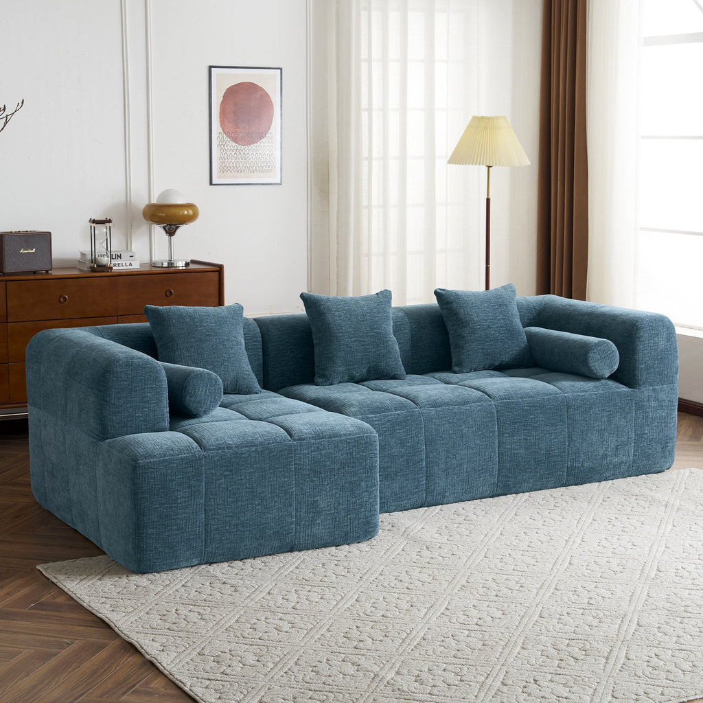 Modern Modular Sofa with Deep Seating, Two Side Pockets, and Plush Pillows in Blue Chenille Fabric, 101.2'