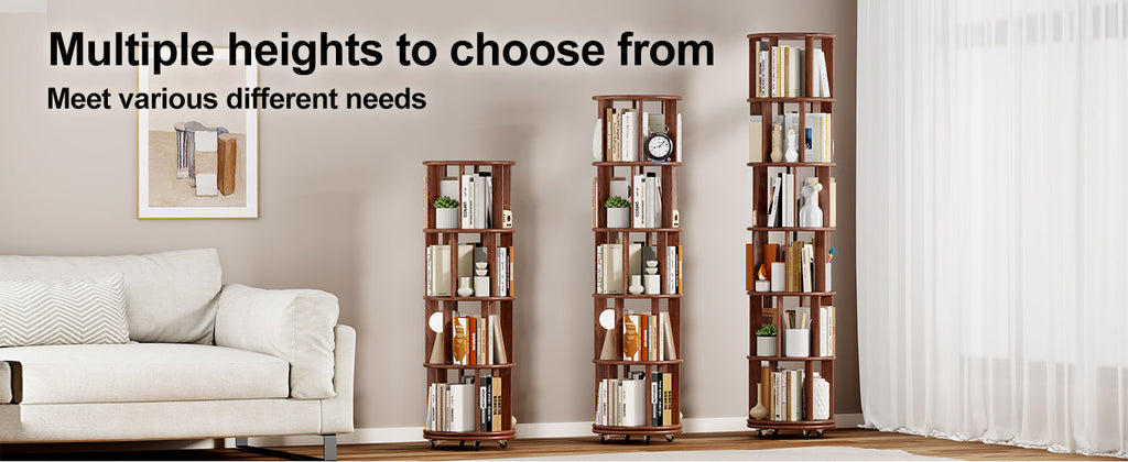 100%Solid Wood Rotating Bookshelf on Wheels,5 Tier, Round Revolving Bookcase, 360° Spinning Book Shelf Tower for Kids, Narrow Rolling Bookshelves for Small Space, Corner, Bedroom, Office, Walnut
