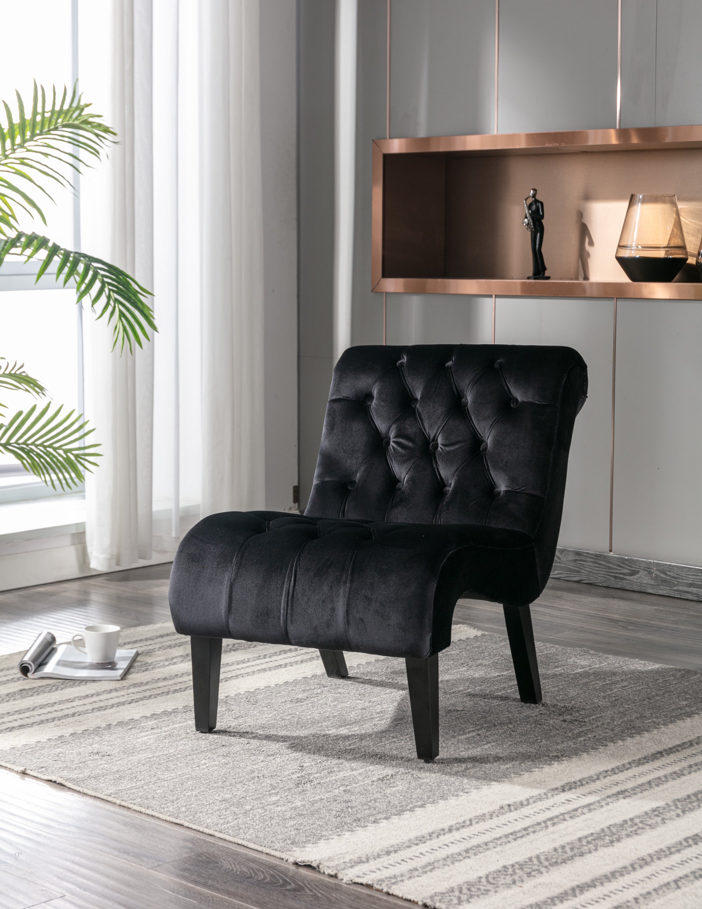 COOLMORE Modern Velvet Armless Accent Living Room Chair / Leisure Chair,Upholstered Fabric Button Comfortable Chair with Wooden Legs for Bedroom, Living Room, Office (Black Velvet)