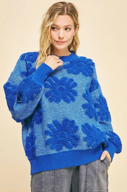 Davi & Dani Flower Texture Round Neck Dropped Shoulder Sweater