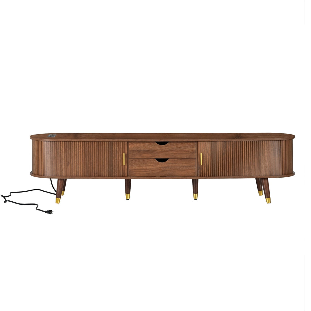 Wooden Oval Fluted TV Stand with Charging Station for TV up to 80', Mid-Century Media Console with Sliding Tambour Door, Farmhouse TV Cabinet with Golden Handle for Living Room, Walnut