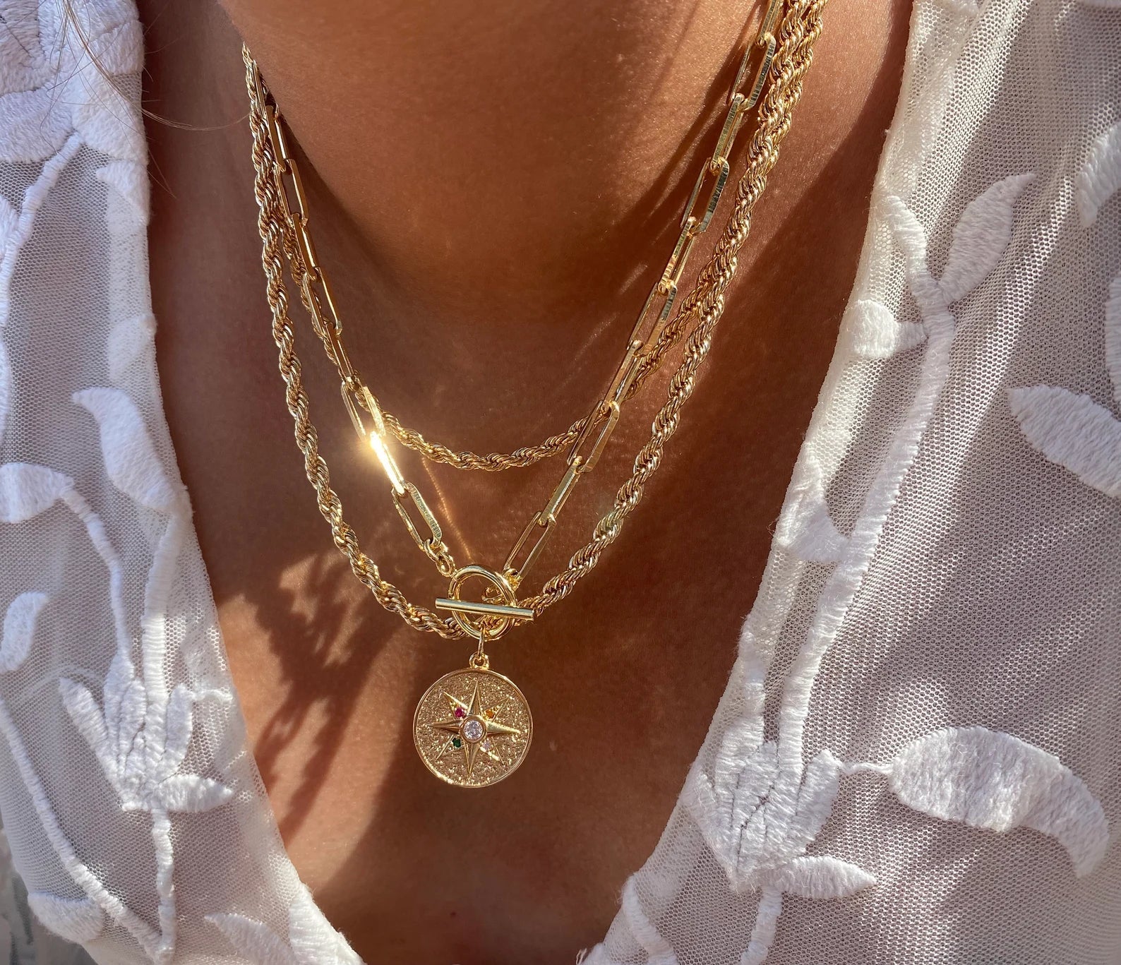 Toggle Chain Zirconia Compass Pendant