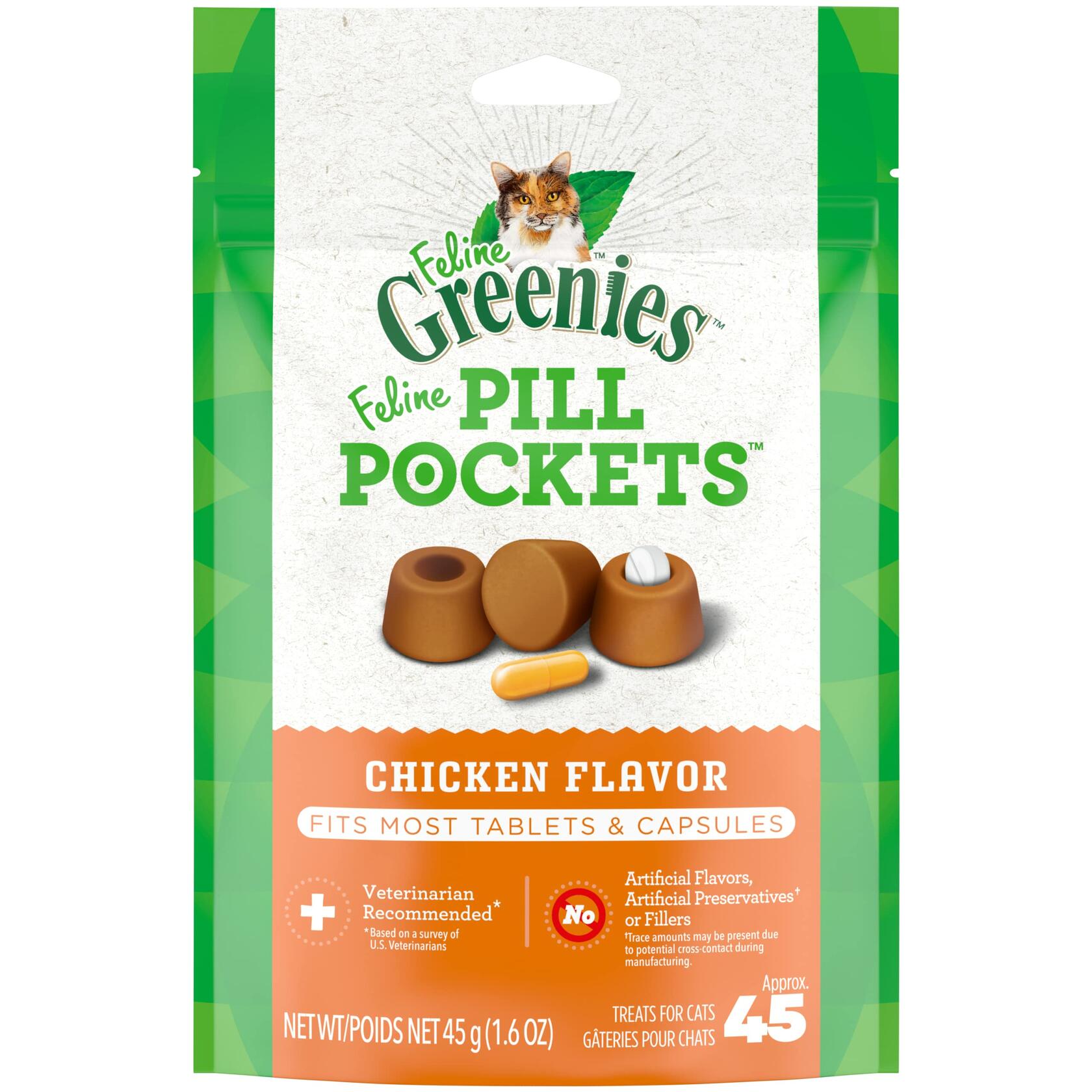 BestBy07/25 Greenies Feline Pill Pockets Cat Treats Chicken Flavor 1.6oz 45ct