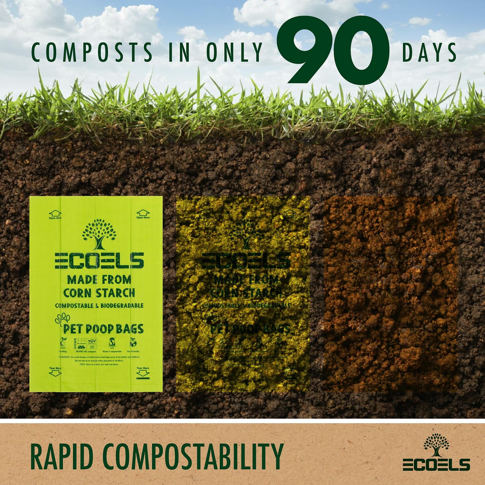 ECOELS Compostable Dog Poop Bags Extra Large Strong Leakproof Unscented 100ct