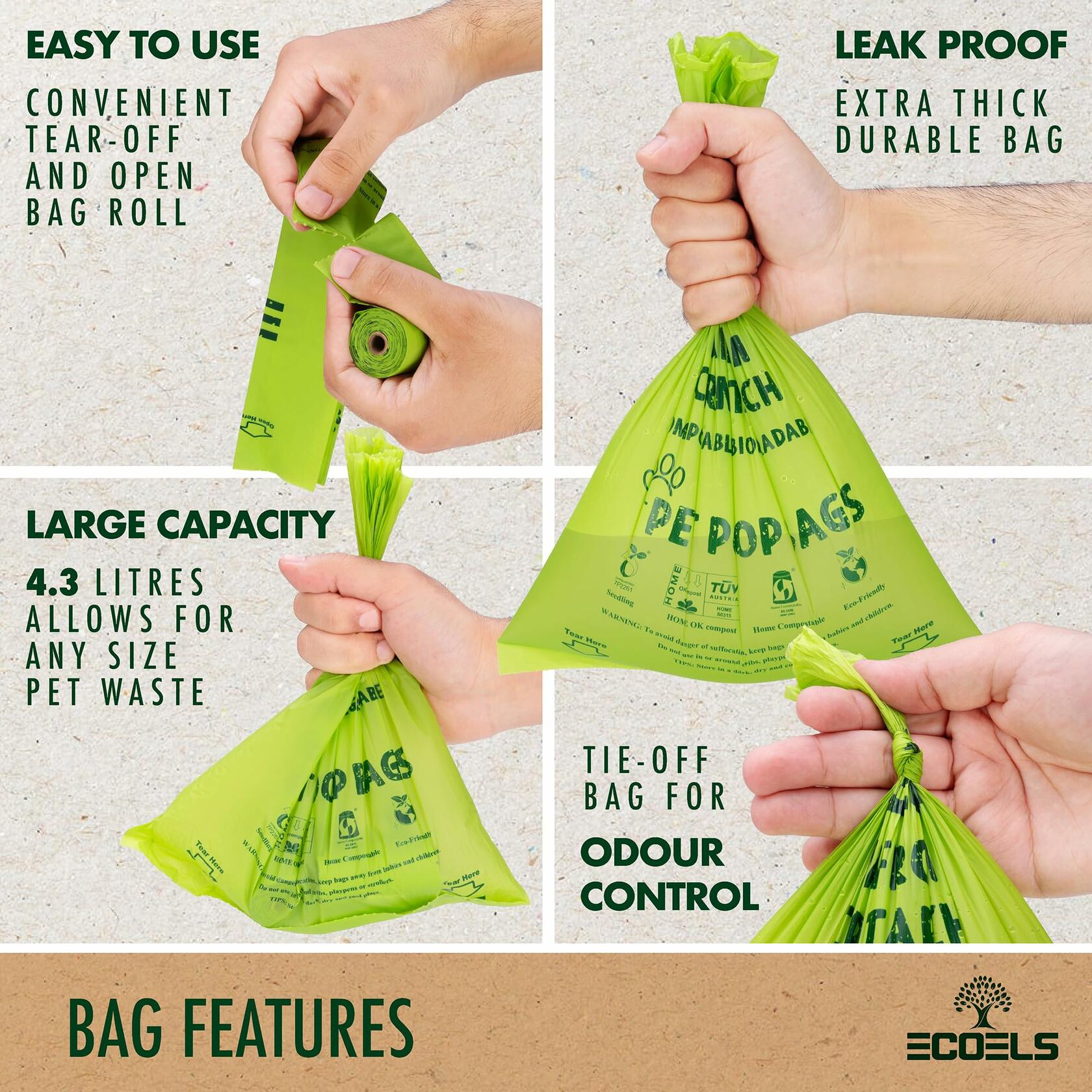 ECOELS Compostable Dog Poop Bags Extra Large Strong Leakproof Unscented 100ct