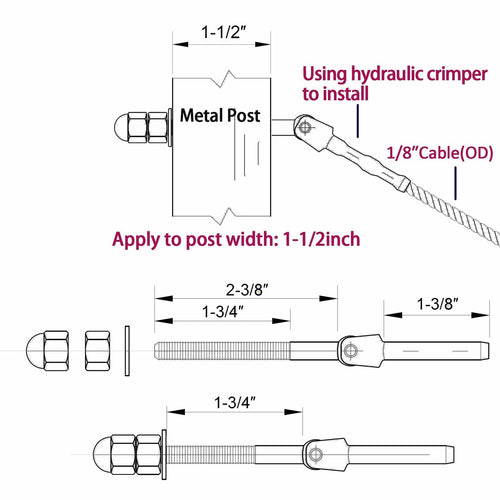 1/8" T316 Stainless Steel Adjustable Cable Railing Kit for 1.5" Metal Post