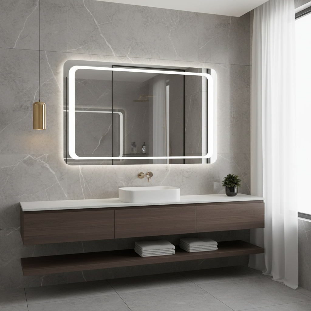 LED Bathroom Mirror with Backlit Rectangle Design – Modern Dimmable Vanity Wall Mirror