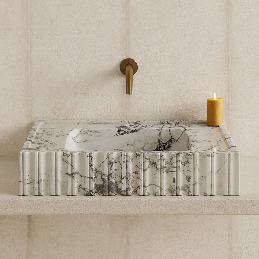 Marble Sink – Calacatta Viola Wall-Mount Bathroom Vanity Sink | Fluted U-Shape Stone Basin