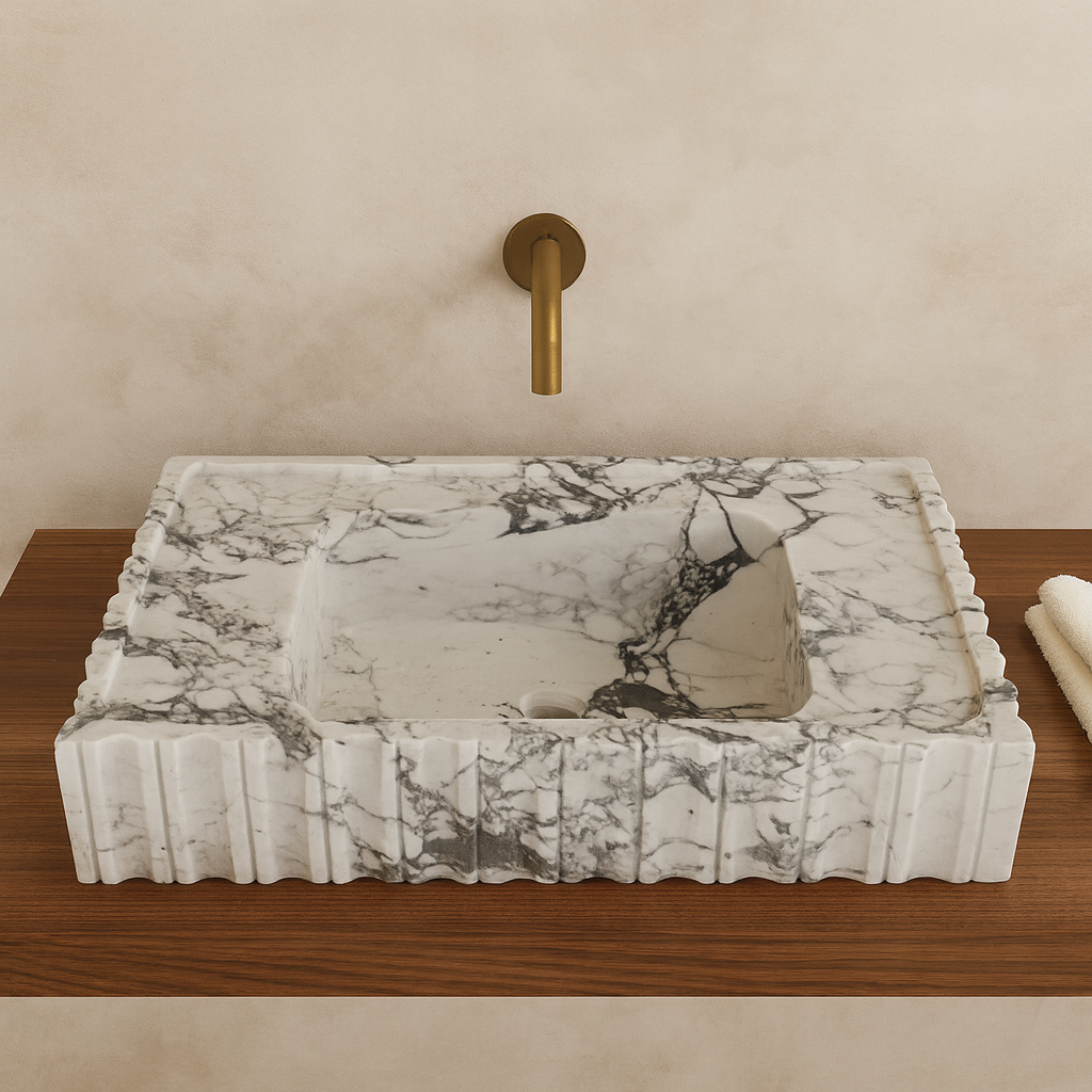 Marble Sink – Calacatta Viola Wall-Mount Bathroom Vanity Sink | Fluted U-Shape Stone Basin